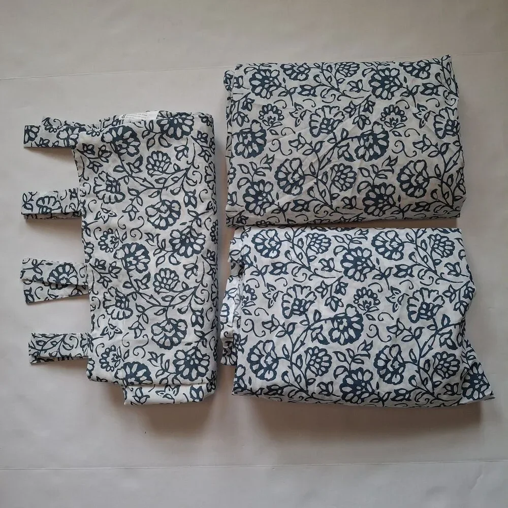 IKEA Mjolkort Floral Curtain Panels 3 PC Set Blue White 57x98 Nautical Coastal